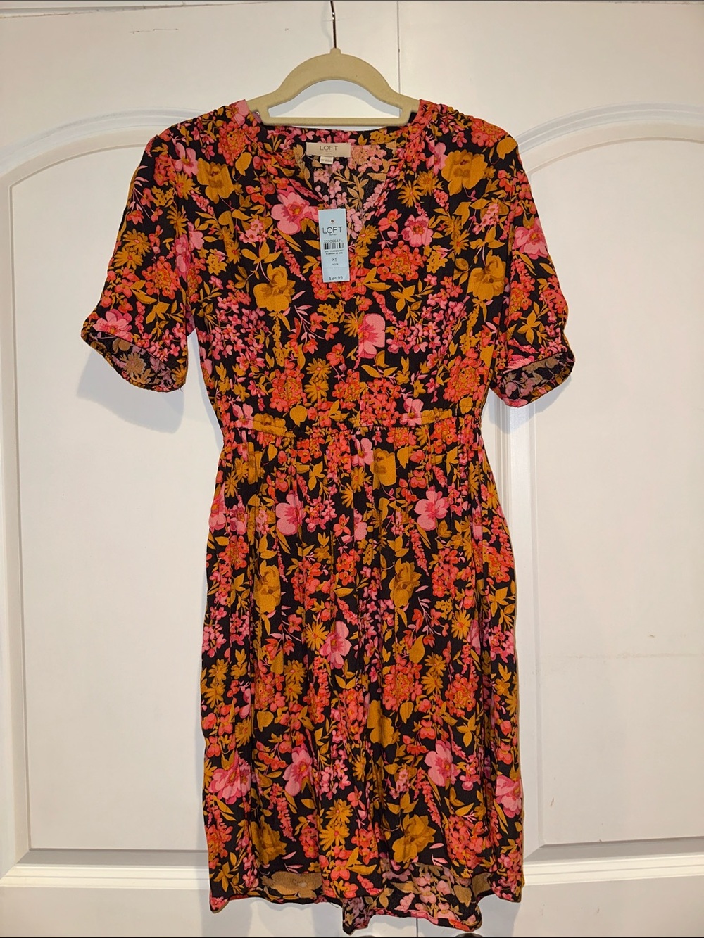 LOFT Black Midi Dress with Pink & Mustard Floral Print